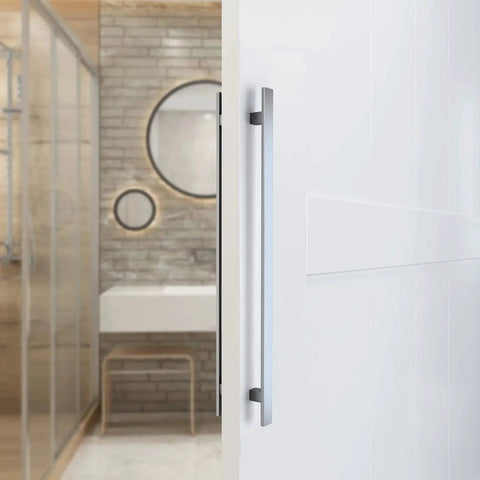 36 Inch Barn Door Push Pull Handle Heavy Duty Grade 304 Stainless Steel Brushed Finish Square Commercial Door Pull Set installed on white door