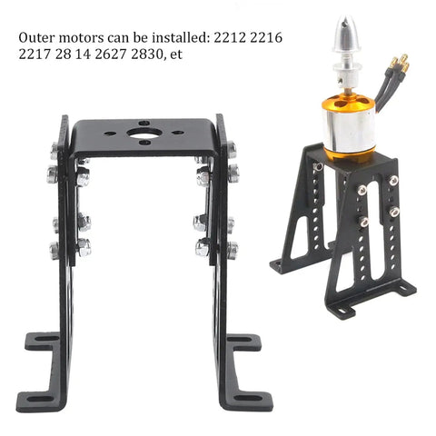 Lightweight Aluminum RC Motor Mounting Bracket for Small Model Aircraft, black aluminum alloy, shown with and without motor.
