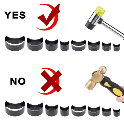 Comparison of High Carbon Steel Leather Die Cutter Set with rubber mallet versus standard hammer for DIY handmade leather crafting.