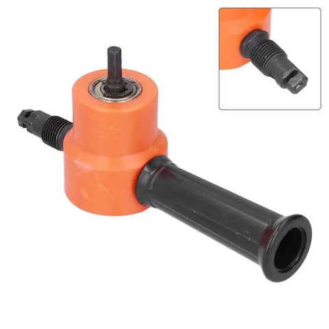 Double Head Sheet Metal Nibbler for Drills, 360 Degree Adjustable Cutter, close-up of orange and black metal cutting attachment