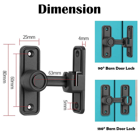 Heavy Duty Barn Door Lock Latch With 90 And 180 Degree Operation Zinc Alloy Construction Sliding Door Lock Hardware For Garage Garden Bathroom Cabinet And Home Safety Durable Matte Black Finish with dimensions