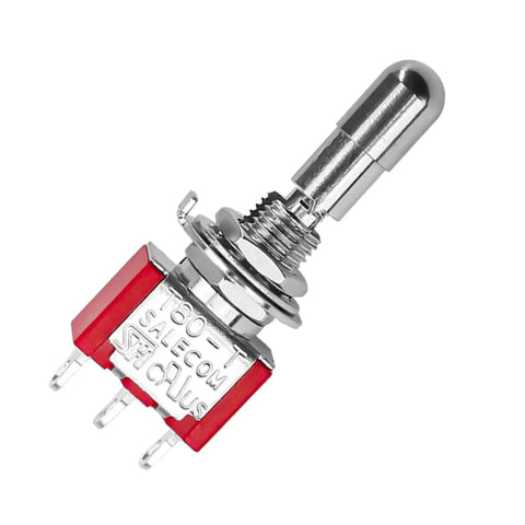 Two Pack SPDT Mini Toggle Switch 3 Pin 2 Position On On 5A 125V And 3A 250V, close-up view, silver and red components