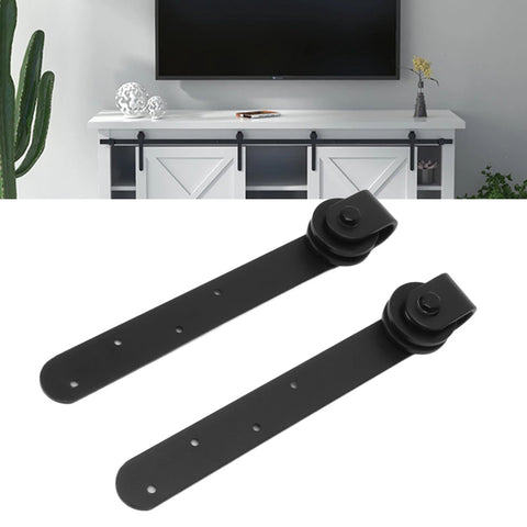 Heavy Duty Sliding Barn Door Hardware Kit Built To Last For Smooth Quiet Operation Sturdy Wooden Barn Door Track System For Single Or Double Bypass Doors Easy To Install Classic American Farmhouse Style shown with black pulleys and track in modern farmhouse setting.