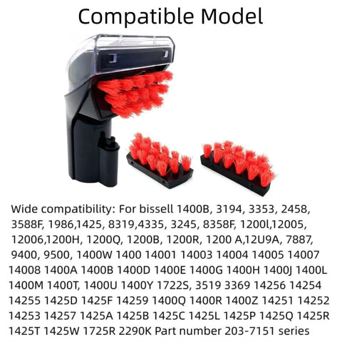 Front view: three-piece replacement brush set for Bissell Little Green Machine 1400B with red bristle heads.