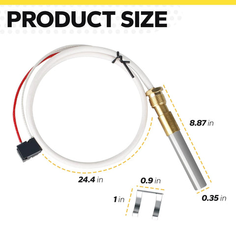 Water heater thermopile for Rheem, Ruud and Richmond pilot burner; white insulated lead with brass probe, 24.4 in lead.
