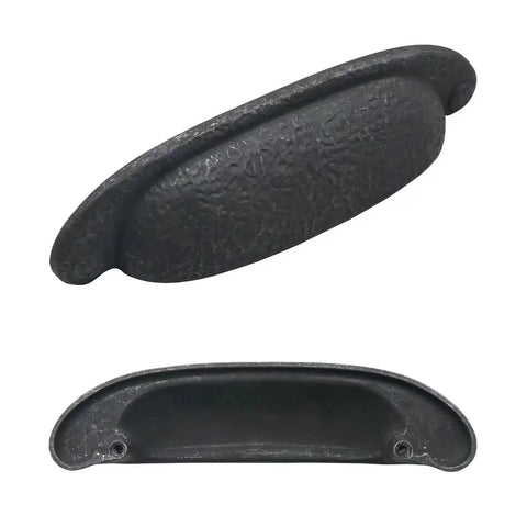 10 Pack Rustic Cup Pulls In Black Iron, 3-3/4 Inch Center-To-Center Cabinet Hardware, vintage farmhouse style close-up view