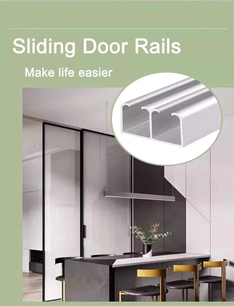 Sliding Double Track Barn Door Hardware Kit for Ceiling Mount and Pocket Door Rails installed in modern kitchen.