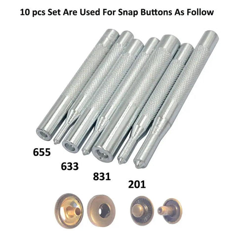 Metal Snap Button Setter Kit With 10 Snap Setters And Hole Punch Base For Installing 10mm 12.5mm 15mm Snaps and 2.5mm 3.5mm Holes