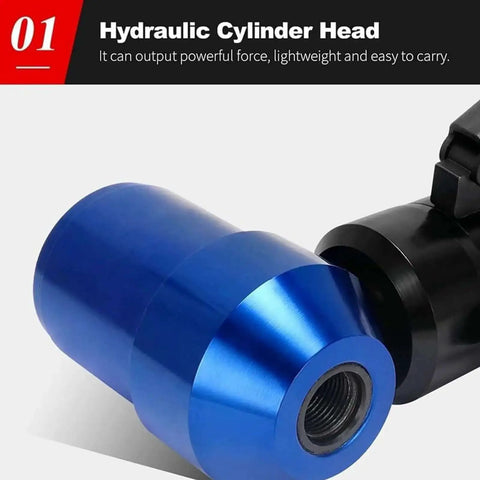 Portable Manual Hydraulic Hole Punch Kit With Six Die Set For Metal Sheets highlighting blue hydraulic cylinder head in close-up