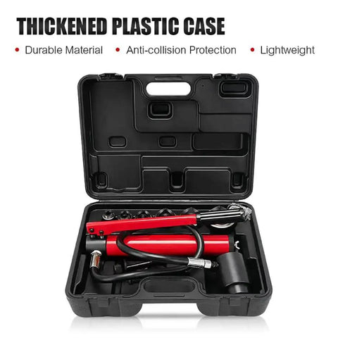 Open case of 15 Ton Hydraulic Knockout Punch Kit For Conduit Holes 22-60mm With 6 Dies, showing red hydraulic pump and accessories.