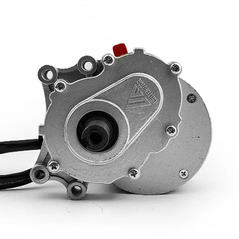 Geared brush motor with electromagnetic brake, 24V 350W, 17mm axle, side view for wheelchair, stroller or bike
