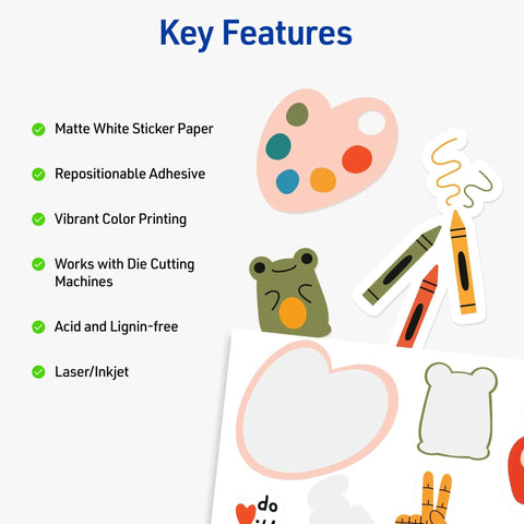 Printable Sticker Paper for Home Projects With Repositionable Adhesive, 8.5 By 11 Inches Matte White, Laser And Inkjet Compatible