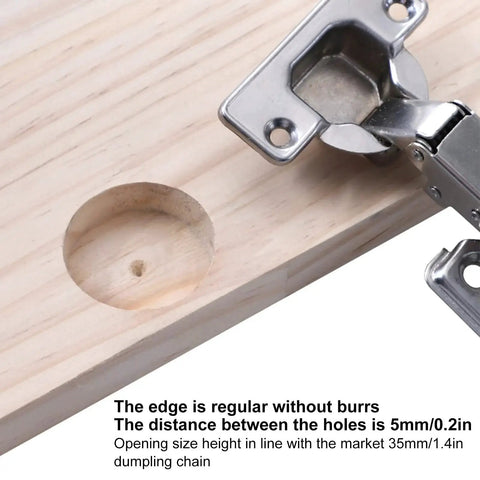 Close-up of 35mm hinge boring jig kit for precise door and cabinet hinge installation on wood with hinge attached