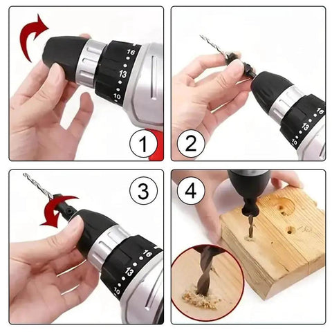 Using DIY Woodworking 4 Piece Countersink Drill Bit Set With 1/4 Inch Hex Shank And L-Wrench on wooden block