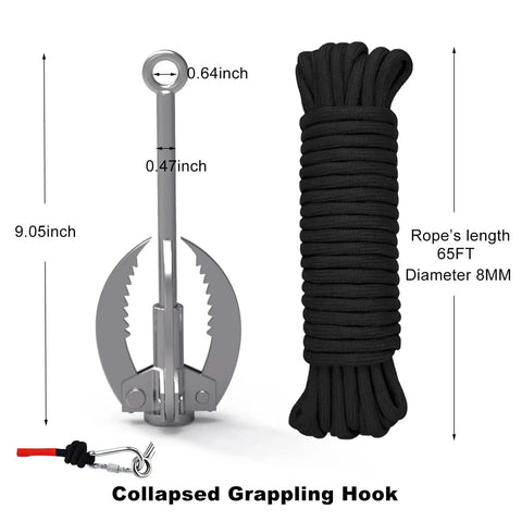 Four Claw Folding Stainless Steel Grappling Hook With 65 Foot Rope For Anchor Retrieval Outdoor Hiking Tree Limb Removal And Water Salvage Heavy Duty Construction For Rugged Outdoor Use Durable Folding Mechanism And Secure Claw Locking.