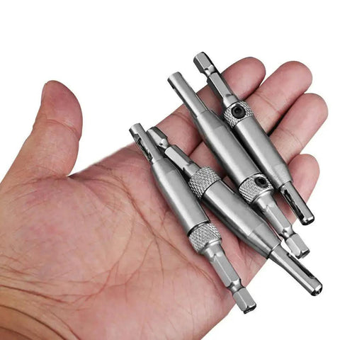Eight Piece Center Drill Bit Set For Woodworking And Cabinet Doors, Self Centering Hinge Tapper Core Hole Puncher in hand