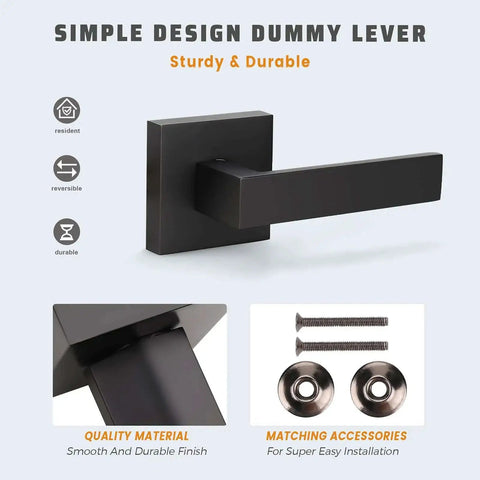 6 Pack Matte Black Dummy Door Handle Set Heavy Duty Single Sided Door Levers for interior mount, shown with installation accessories.