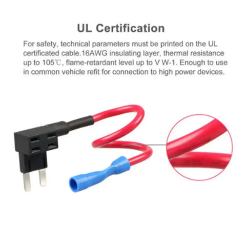 12V Car Add A Circuit Fuse Tap Adapter 10A Blade Fuse Holder with red wire and blue connector, UL certified