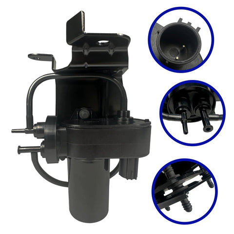UVYMZY 12V automotive vacuum pump assembly with mounting bracket, black plastic body and inlet/outlet fittings