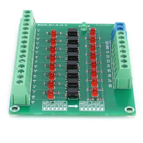 8 Channel Optical Isolation Module Workhorse 12 Volt To 3V3 Converter For PLCs, shown with green PCB and red LEDs.