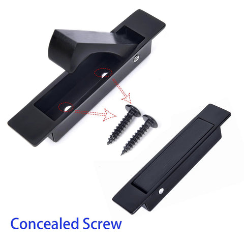 Pocket Door Privacy Lock With Edge Pull Handle For Bedroom And Bathroom Stainless Steel Recessed Matte Black Finish displayed with screws