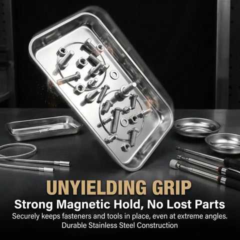 Telescoping Magnetic Pickup Tools Set With A Pro Grade 31 Inch Reach, 25 Inch Pen Style Magnet, 20 Inch Flexible Spring Grabber, 9 Inch And 6 Inch Rectangular Magnetic Trays, And 4 Inch And 6 Inch Magnetic Bowls displayed on workbench with fasteners