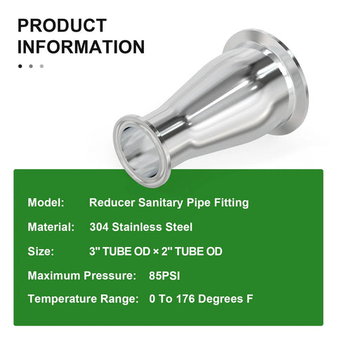 3 to 2 inch 304 stainless steel sanitary tri-clamp reducer with ferrule flange and two silicone gaskets