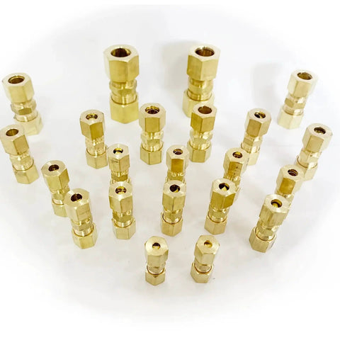 Brass Compression Tube Fitting Union Coupling Kit For Automotive Hydraulic Braking Systems, Six Size Assortment Of One Eighth Inch, Three Sixteenths Inch, One Quarter Inch, Five Sixteenths Inch, Three Eighths Inch, One Half Inch, 22 Pieces Legines