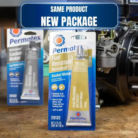 MotoSeal 1 Ultimate Gasket Maker Grey 2.7 oz tube next to engine, new package design shown.