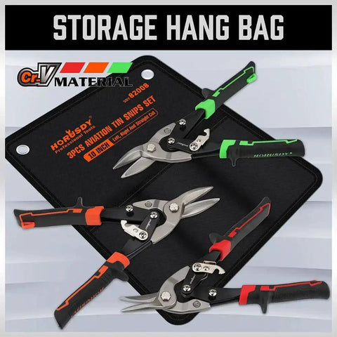 Image of 3 Pack 10 Inch Aviation Tin Snips Set for Sheet Metal Cutting with a storage hang bag, showing straight, left and right cuts.