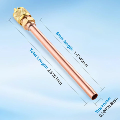 Copper refrigeration service valve with brass head; 2.5 in total length, 1.6 in stem, 0.026 in wall thickness, 1/4 in SAE x 1/4 in OD.
