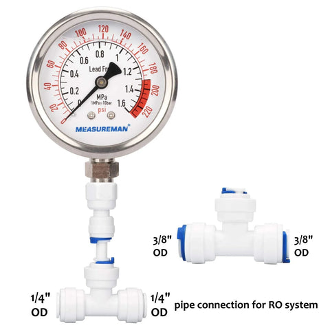 MeasureMan lead-free glycerin-filled RO pressure gauge, 2.5 in dial, 0-220 psi, 1/4 in lower mount with PU tube