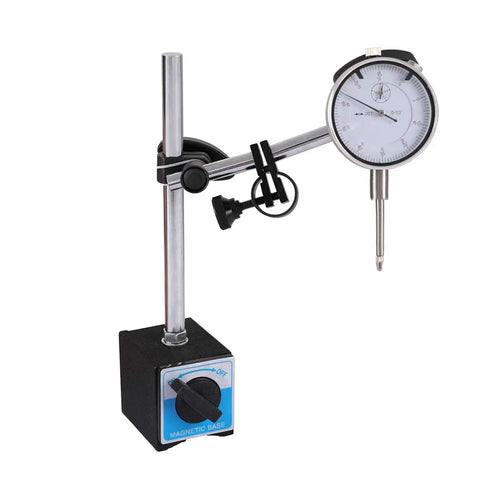 Dial indicator on magnetic base with long adjustable arm, 0-1 in range, 0.001 in precision.