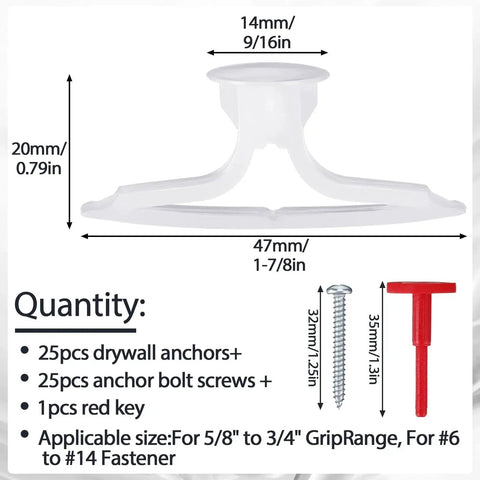 Drywall Anchor Kit 25 Pieces Plastic Self Drilling Expansion Anchors With Screws And Red Key For Drywall Ceiling Gypsum Plasterboard Mounting Five Eighths To Three Quarters Inch Ideal For Hangers Shelves And Picture Frames On Gypsum Board dimensions and components