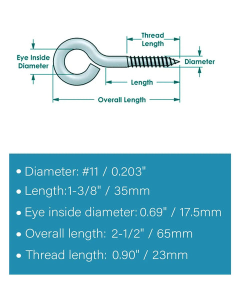 Diagram and specifications of Two and a Half Inch Black Screw Eyes for Wood and Cable, 304 Stainless Steel Eye Bolts Number 11.