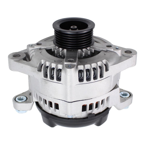 Front view of 150AMP Beefed Up Alternator For Hyundai Sonata Santa Fe Sport Optima Kia Sorento Sportage 2.0L 2.4L Engines 2015-2021 Direct Fit Replacement Meets OEM Specs featuring cooling fins and mounting points.