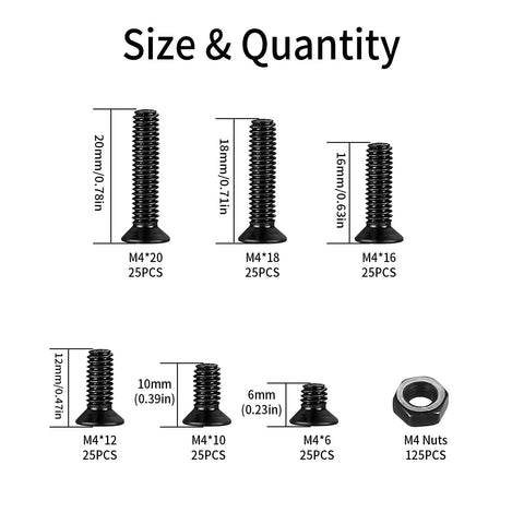 M4 Flat Head Machine Screws And Nuts Kit 275 Piece Black Countersunk Phillips Head Screws Bolts And Hex Nuts Assortment sizes