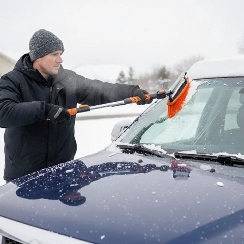 Man using All In One 4 In 1 Car Snow Brush And Ice Scraper With 45 Inch Extendable Reach on a snowy vehicle windshield.