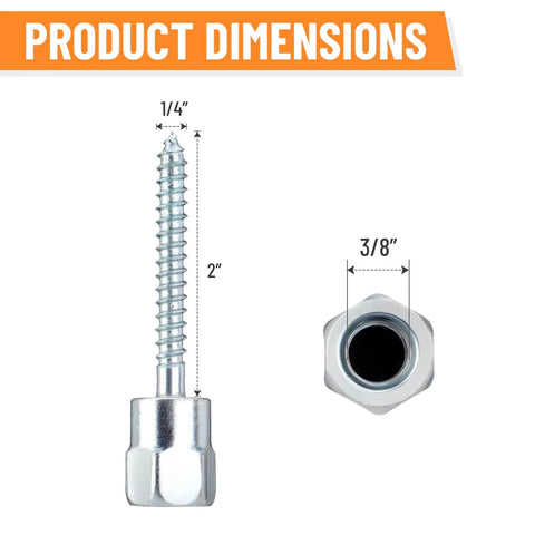 Product dimensions showing 50 Pack Vertical Rod Anchor Screws, DIY Friendly, Three Eighths Inch Diameter And One Quarter Inch Threaded Rod, Two Inch Length