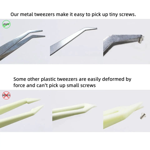 Comparison of metal and plastic tweezers holding screws from the 1100Pcs Micro Screw Kit For Eyeglasses And Sunglasses Repair With Magnetic Phillips Screwdriver and Tweezers 11 Size Sets Nose Pads Included For Watches Jewelry And Cell Phones Pro Grade Gear For Quick Fixes