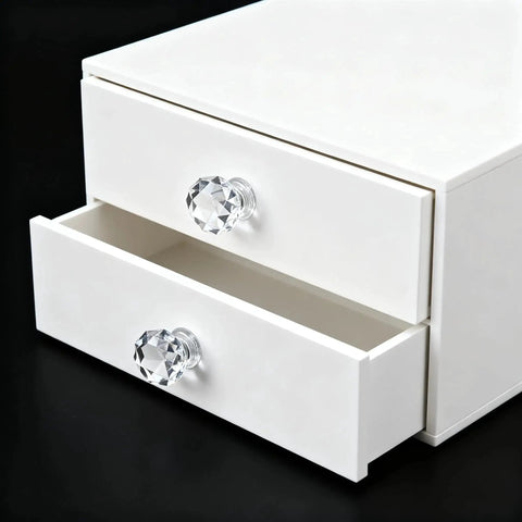 Mini Transparent Acrylic Knobs on white drawers, part of Glass Handles For Makeup Boxes Drawers And Cabinets 20 Pcs 17x20mm