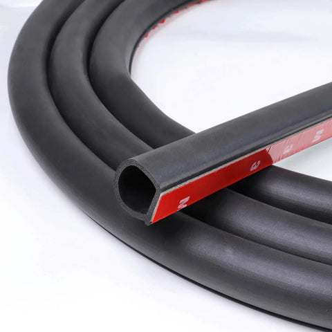 Close-up of Heavy Duty D Shape Weather Stripping Three Quarter Inch By Three Quarter Inch Eight Foot Self Adhesive EPDM Rubber Seal.