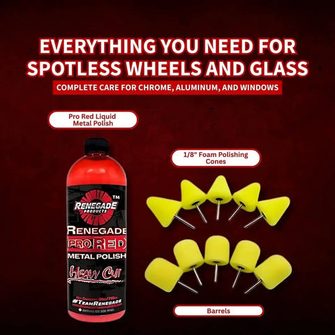 Pro Red Liquid Metal Polish Kit With One Eighth Inch Shanks For Foam Cones And Barrels Drill Attachment For Aluminum And Stainless Steel Wheels And Tight Spaces Great For A Fast Showroom Shine showing 24oz polish bottle and foam attachments.