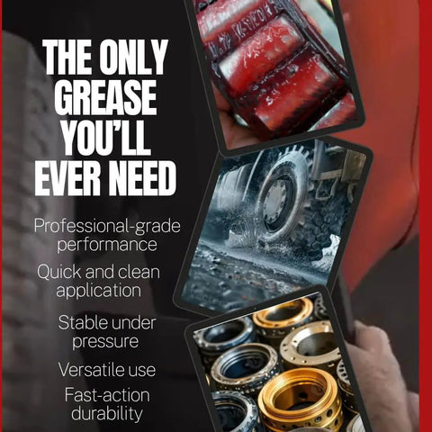 Image collage showing Red N Tacky Grease application on bearings and wheel, highlighting its reliability and versatility.