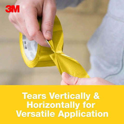 Person tearing Yellow Colored Duct Tape with Strong Adhesive and Water-Resistant Backing for Indoor & Outdoor Multi-Surface Use