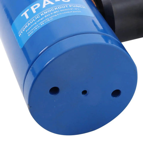Close-up of Hydraulic Knockout Punch Kit 8 Ton Conduit Hole Cutter Set With 6 Dies, showing blue metal cylinder top.