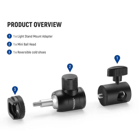 Light Stand Mount Adapter With Cold Shoe And Quarter Inch Screw Mini Ball Head parts overview