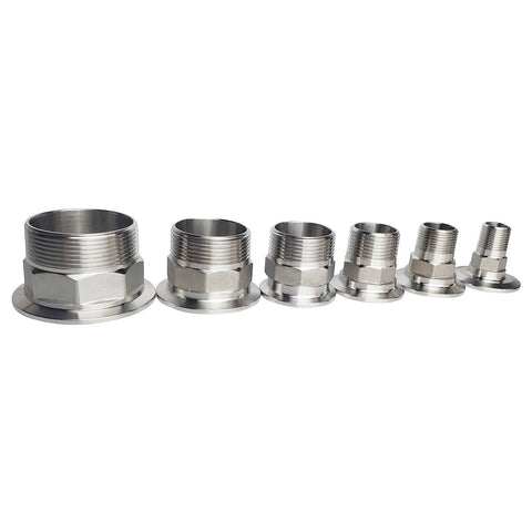 Six-piece LOZOME sanitary tri-clamp fittings in 304 stainless steel with NPT 1-1/4" hex male thread adapters.