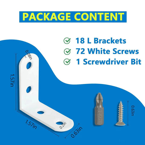18 Piece White L Bracket Set With 72 Screws and Screwdriver Bit shown with dimensions and packaging contents on display