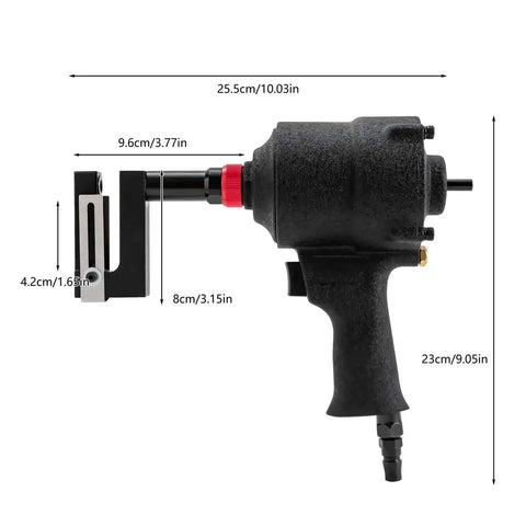 Side view of Industrial 8mm Air Hole Punch Tool for Metal Sheets, beefy aluminum alloy build, with precise measurements labeled.